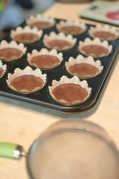 Still life with chocolate muffin with sugar