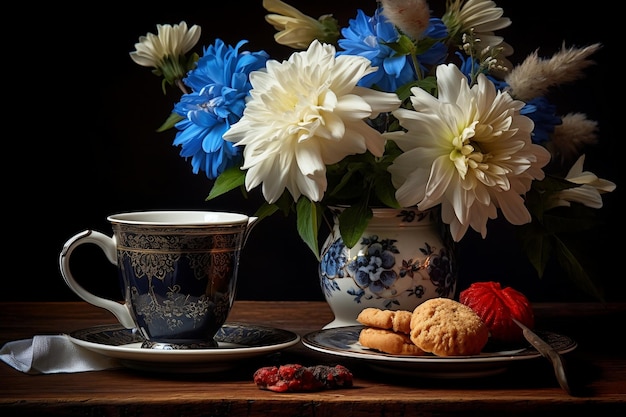 Still life with coffee and flowers Generative Ai