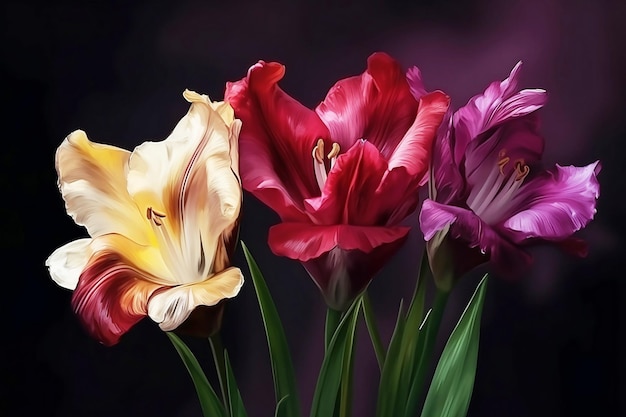 Still life with colorful gladioli on dark background