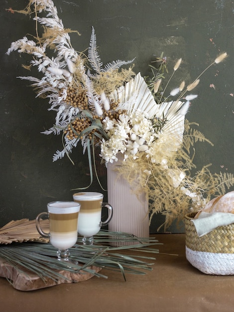 Photo still life with a cup of cappuccino