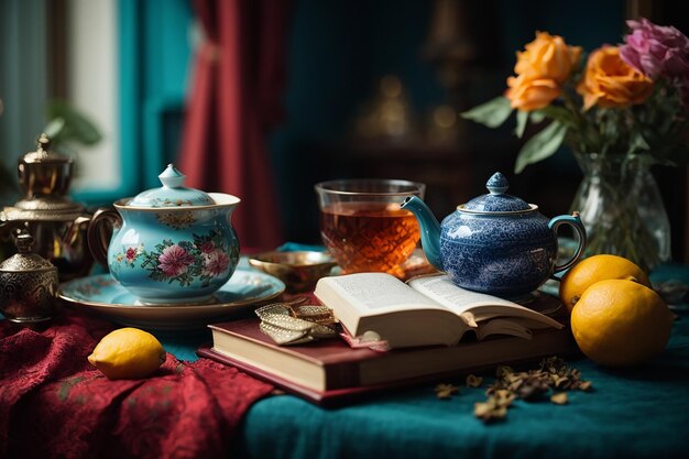 Still life with a cup of tea a teapot a book and decor details on a blurred background