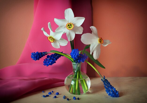 Still life with daffodils and hyacinths.