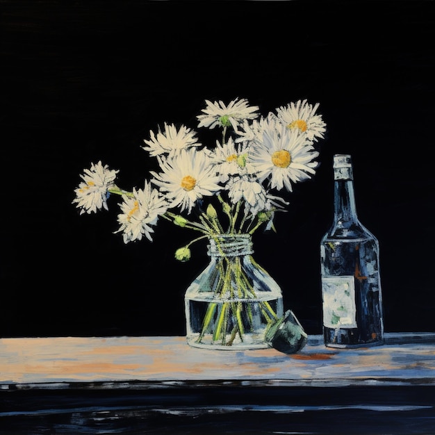 Still life with daisies and a bottle