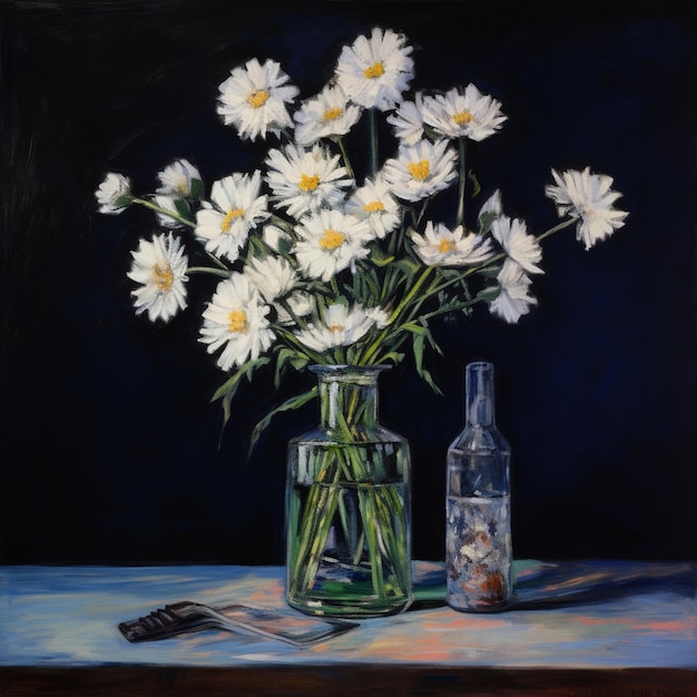 Still life with daisies in a green glass vase and a bottle