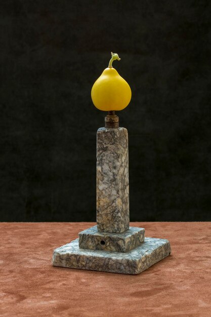 Photo still life with a decorative pear-shaped pumpkin on a stone pedestal