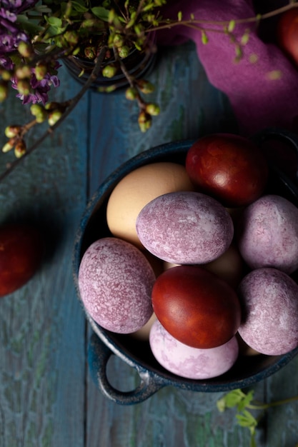 Photo still life with eggs and flowers