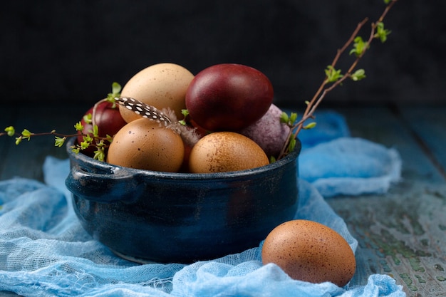 Photo still life with eggs and flowers