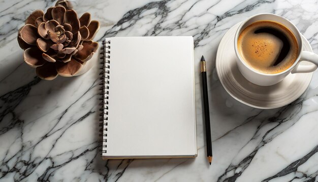 Still life with empty white note book mockup and coffee on marble table