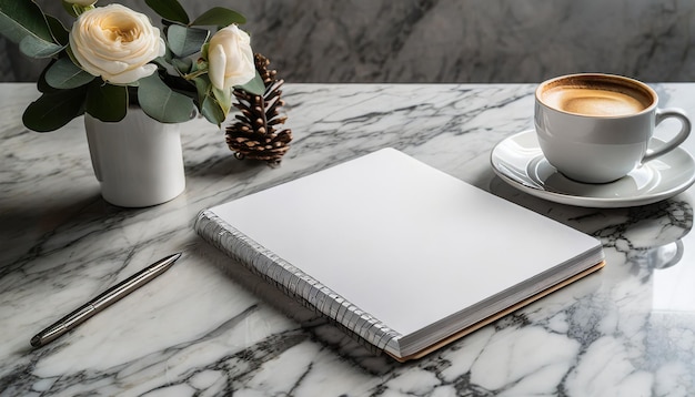 白いノートブックのモックアップと大理石のテーブルの上のコーヒーで静物