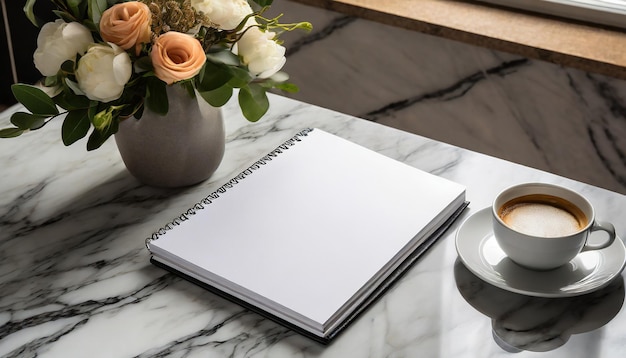 Still life with empty white note book mockup and coffee on marble table