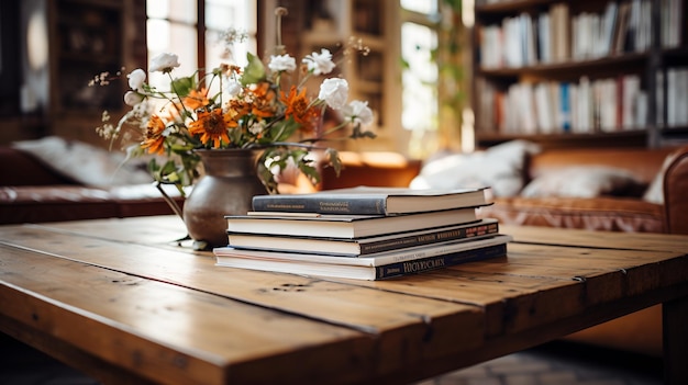 Photo still life with flowers and books