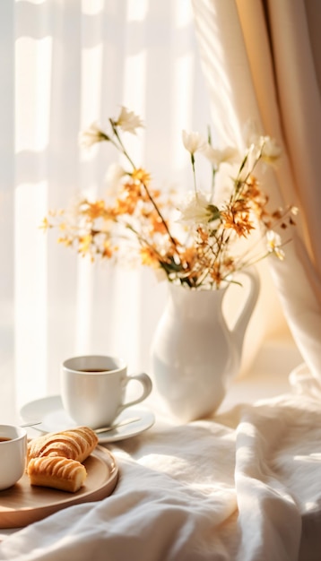 Still life with flowers coffee and croissants