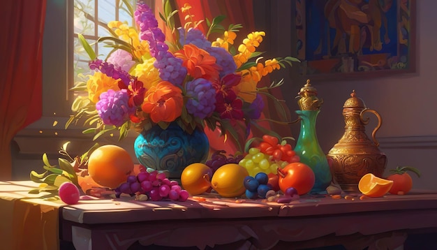 Still life with flowers and fruits in a vase