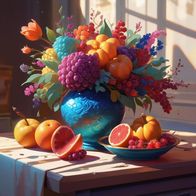 Still life with flowers and fruits in a vase