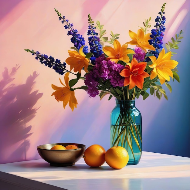 Still life with flowers and fruits in a vase