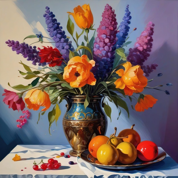 Still life with flowers and fruits in a vase