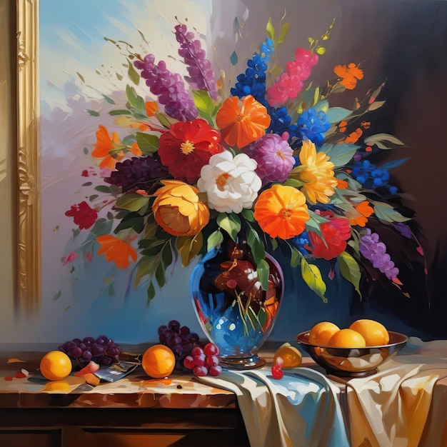 Still life with flowers and fruits in a vase