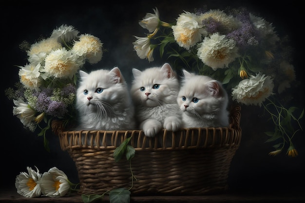 Still life with flowers natural light and kittens in a basket generative ai