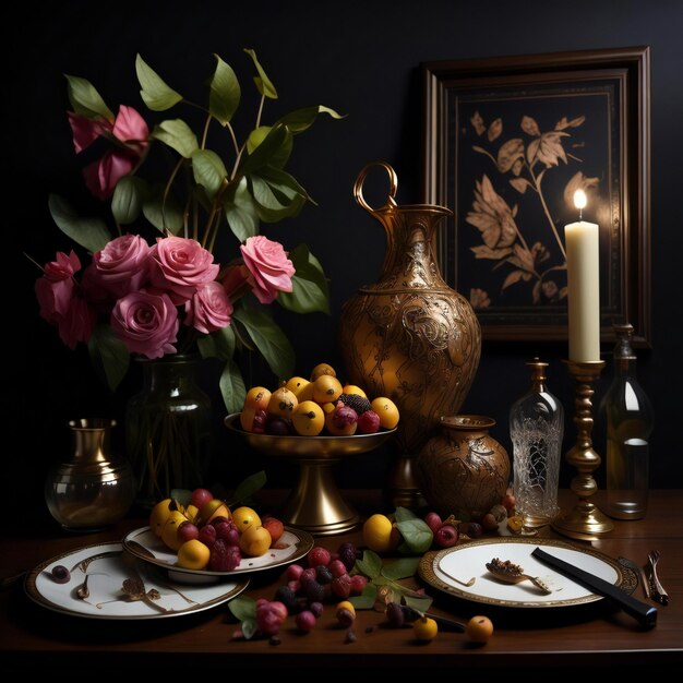 Натюрморт с цветами, посудой и свечами на темном фоне