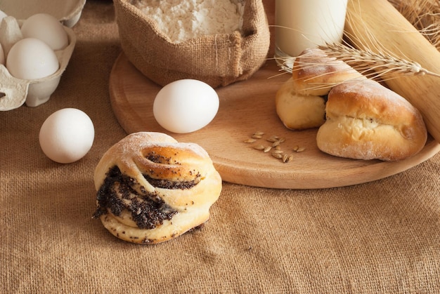 still life with Fresh buns and egg milk