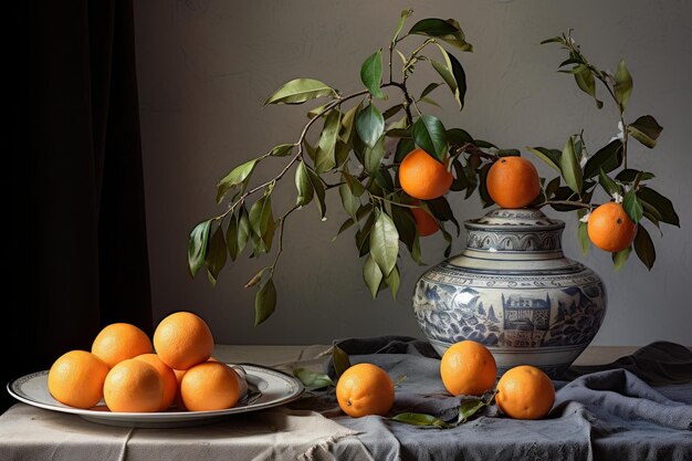 Still life with fresh oranges and antique vase