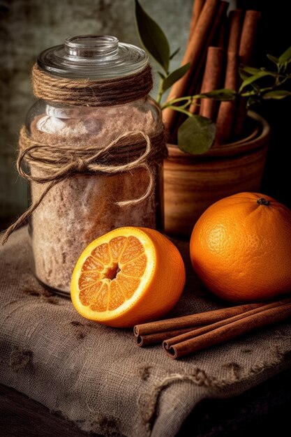 Photo still life with fresh oranges and cinnamon selective focus