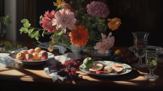 A still life with fruit and flowers on a table