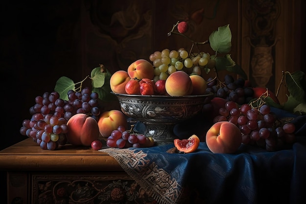 テーブルの上の花瓶に果物のある静物