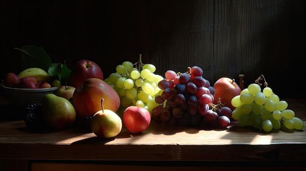 Still life with fruits on a wooden table in the light of the setting sun