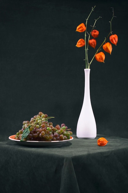 Foto natura morta con uva e un ramo di physalis in un vaso bianco