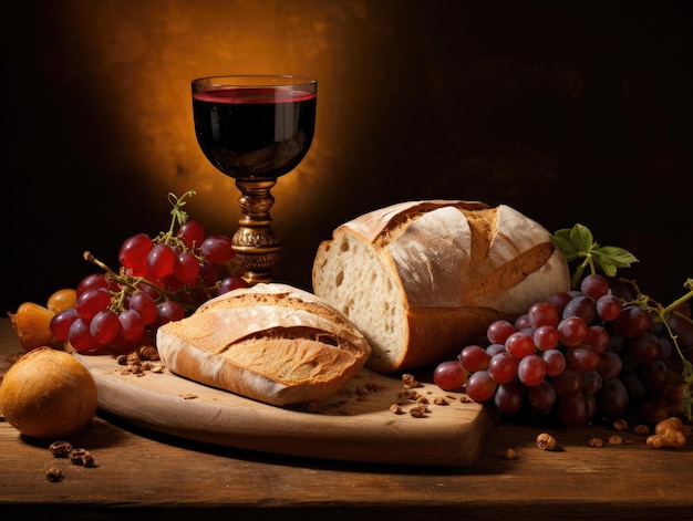a still life with grapes and bread