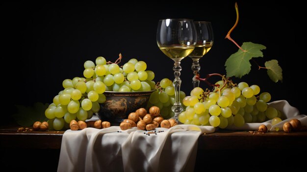 Still life with grapes and glasses of wine