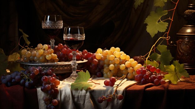 Photo still life with grapes and glasses of wine