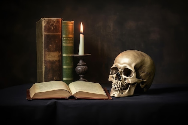 Still life with human skull books and candlestick on dark background