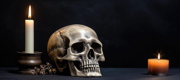 Still life with human skull and candles on black background Halloween concept