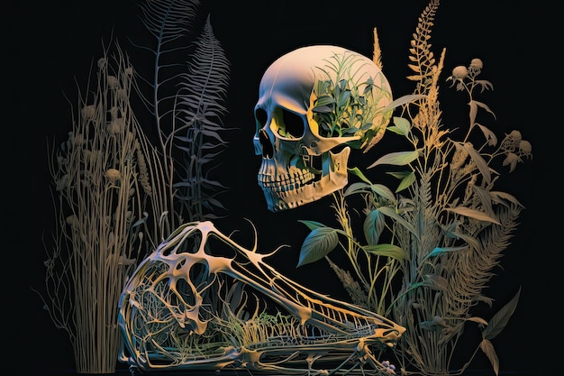 Still life with human skull with many plants around Generative AI