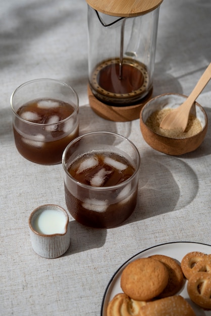 Photo still life with iced coffee beverage