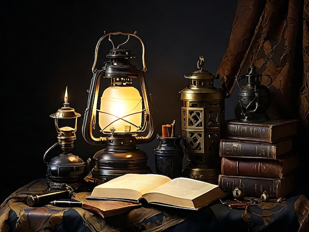 A still life with a lamp a pen a lantern and a book