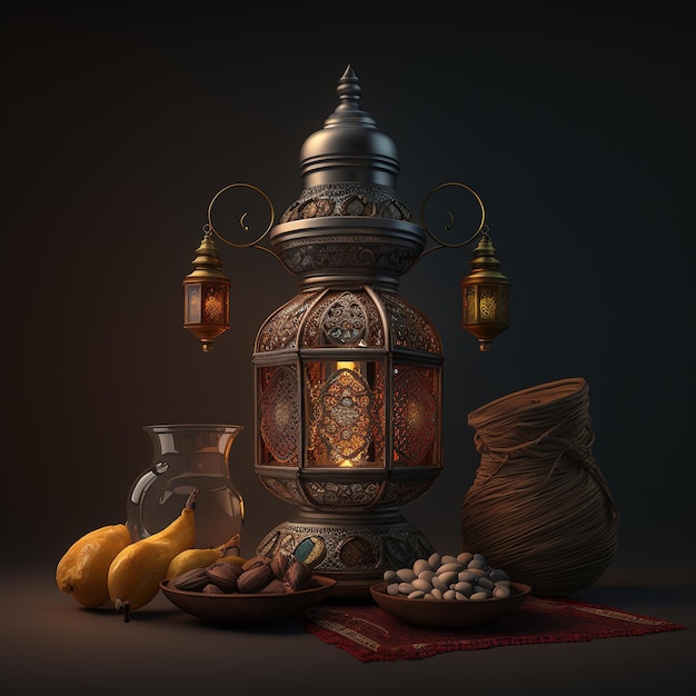 A still life with a lamp and some fruit on it