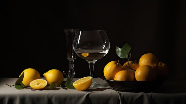 A still life with lemons and a glass of wine