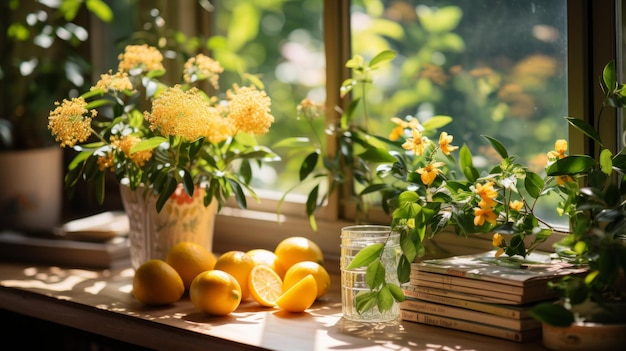 Still life with lemons and yellow flowers