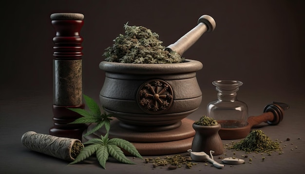 Photo still life with a mortar and pestle and cannabis plants on a dark background alternative legal medicine generartive ai