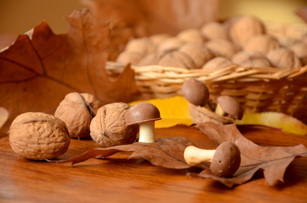 натюрморт с орехами и печеньем в виде грибов