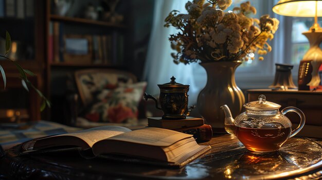 Still life with an open book a teapot and a vase of flowers The warm light of a lamp illuminates the scene creating a cozy and inviting atmosphere