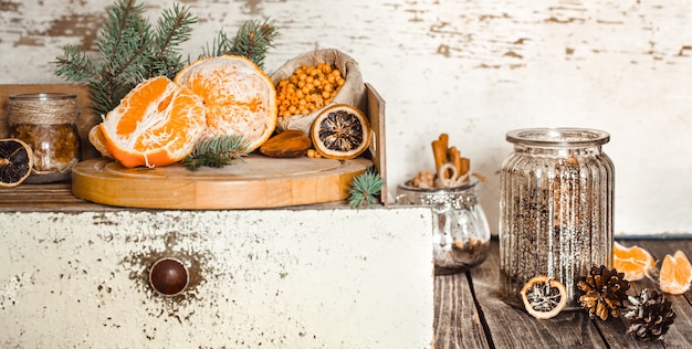 Still life with orange and sea buckthorn