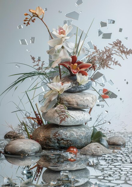 Photo still life with orchid rocks and water