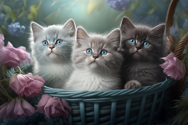 Still life with pastel color flowers natural light and three kittens in a basket generative ai