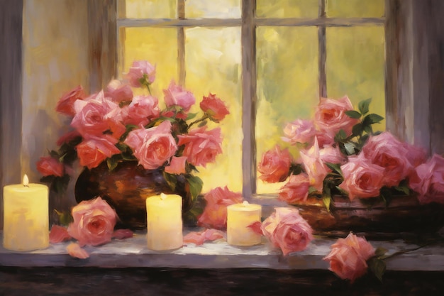 Still life with pink roses and candles on the windowsill oil painting