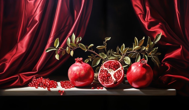 Фото Натюрморт с гранатовыми яблоками и красным занавесом рождество время ии генерируется