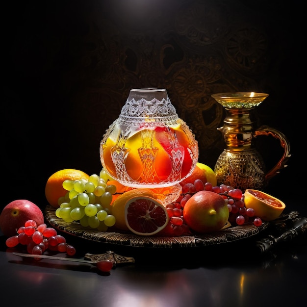 Still life with pomegranates grapes and the bronze jug in the style of the old Dutch artists